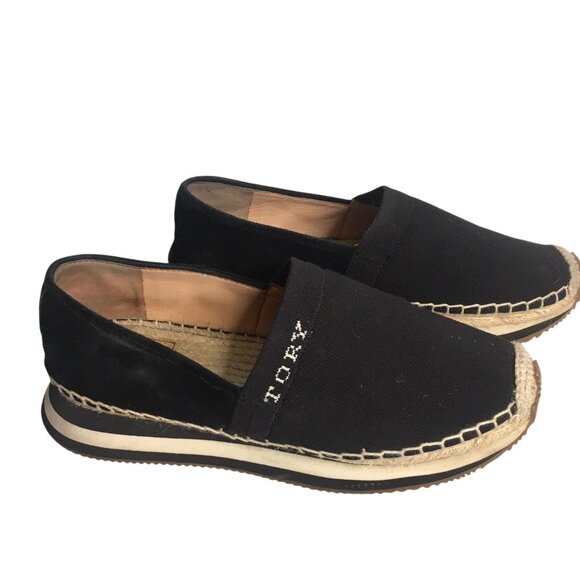 Tory Burch Shoes Womens Size 8.5 Black Espadrille Slip-On Canvas Jute Logo Flat - Picture 1 of 16